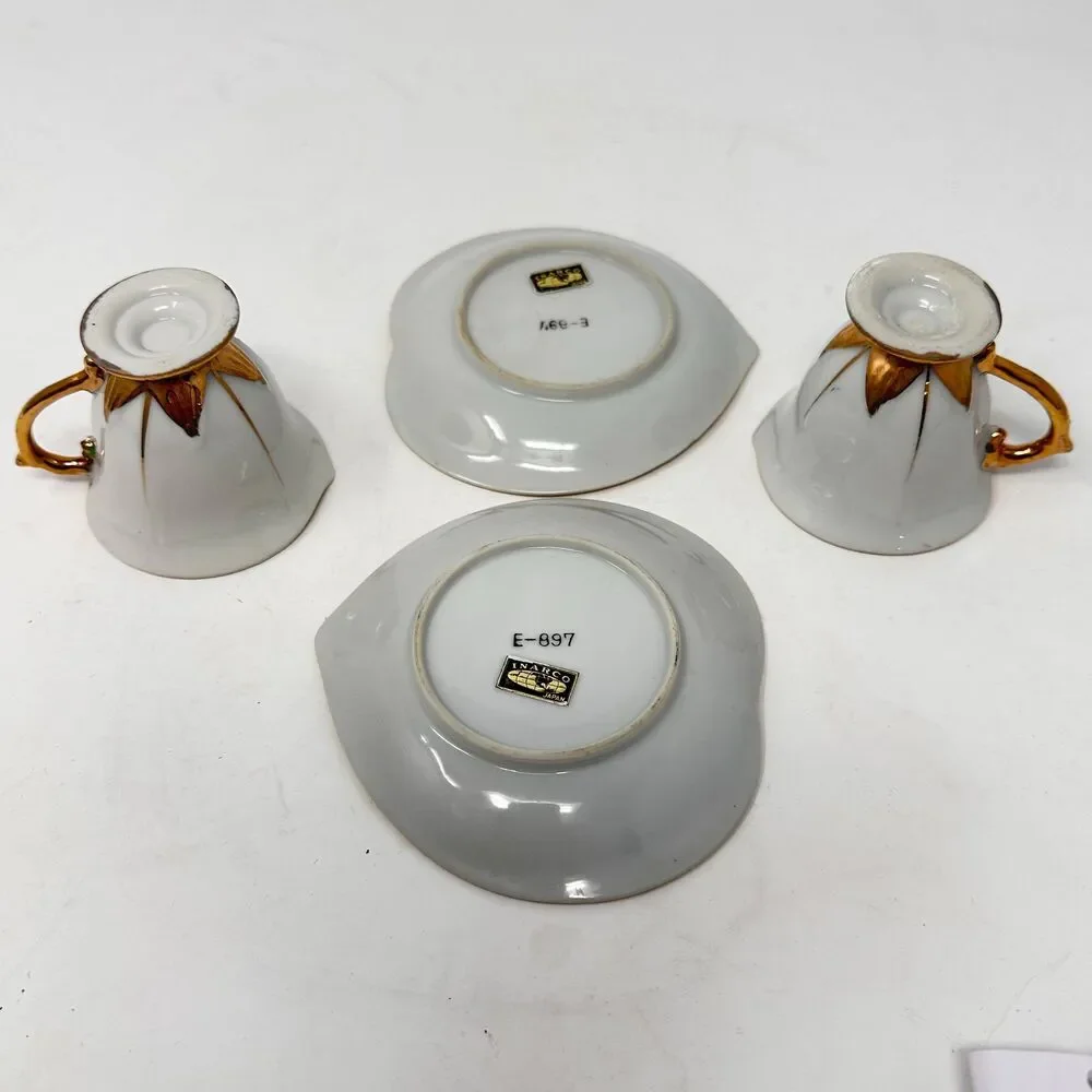 Vintage Inarco Japan White Gold Leaf Demitasse Teacup Saucer Set 2pc E-168-3